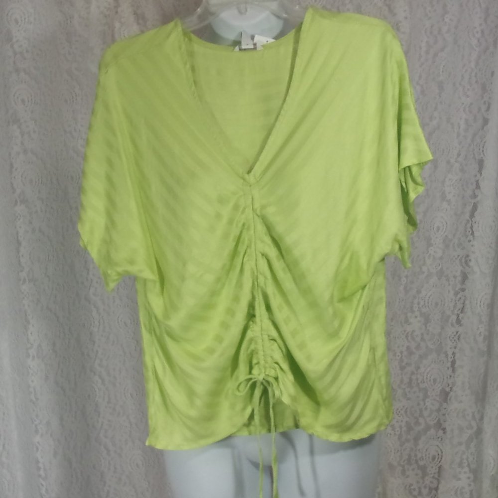Cato Lime Green Ribbon Woven Top Blouse Ruched Drawstring Front NWT Size M